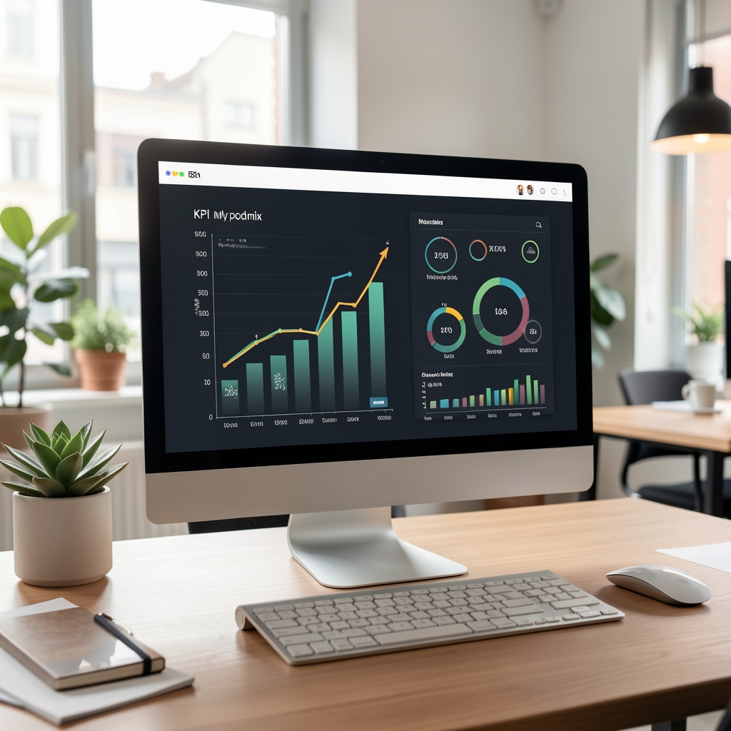 Dashboard s klíčovými finančními ukazateli KPI pro malý podnik na monitoru počítače v kanceláři