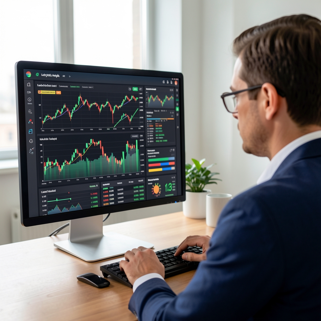 Finanční analytik sledující pohyby peněžních toků na obrazovce s barevnými grafy cash flow a likviditních ukazatelů