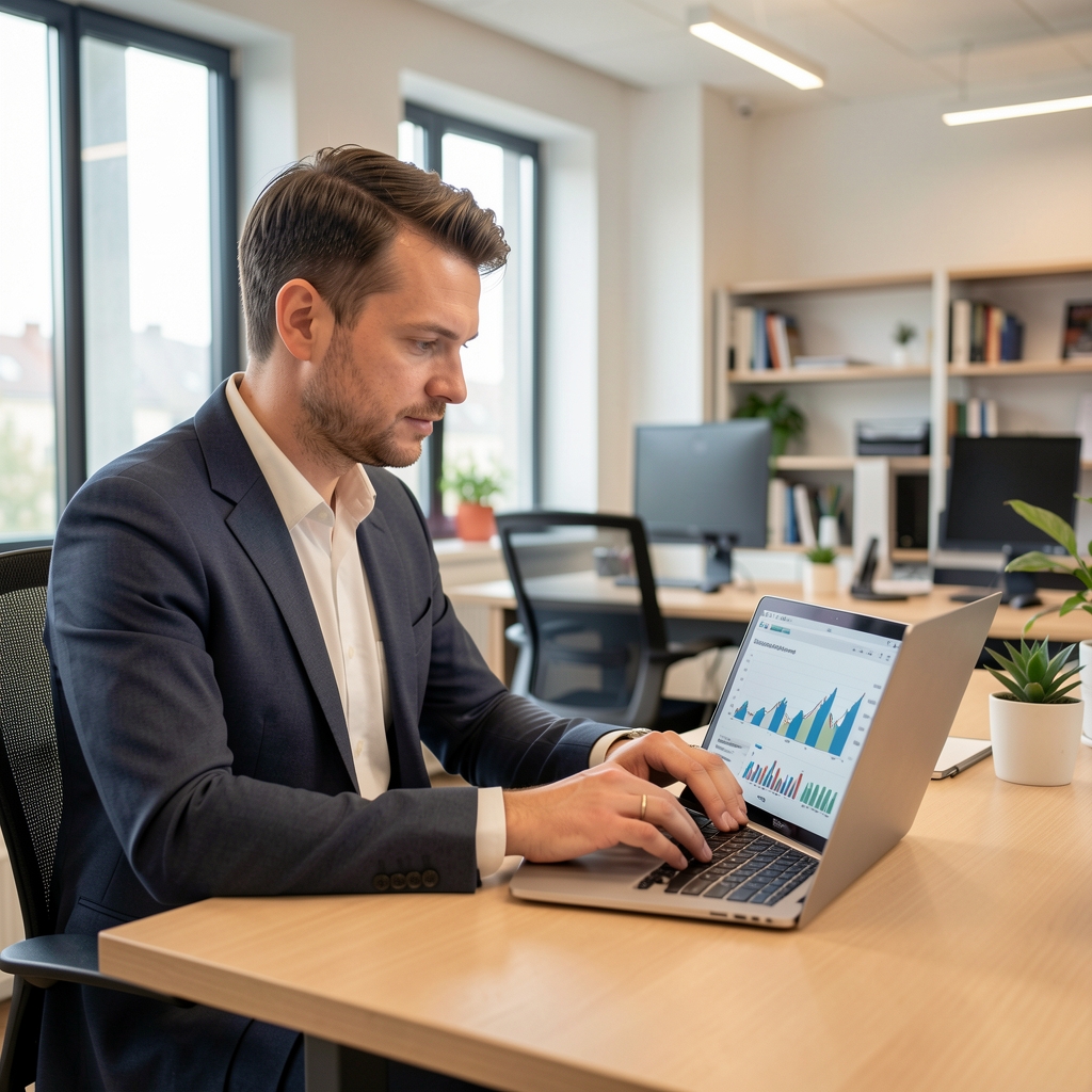 Podnikatel analyzující finanční výkazy a výsledovku na notebooku v moderní české kanceláři