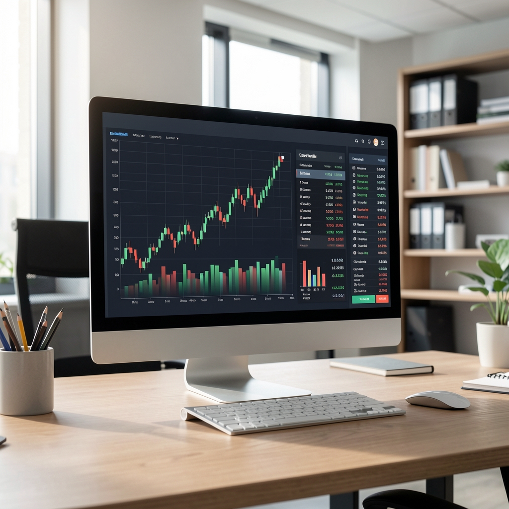 Moderní analytické pracoviště s finančními grafy a obchodními výkazy na obrazovce počítače v kancelářském prostředí